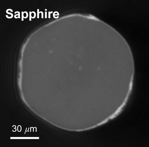 Cross-section micrograph of single-crystal sapphire optical fiber, showing its faceted multimode geometry