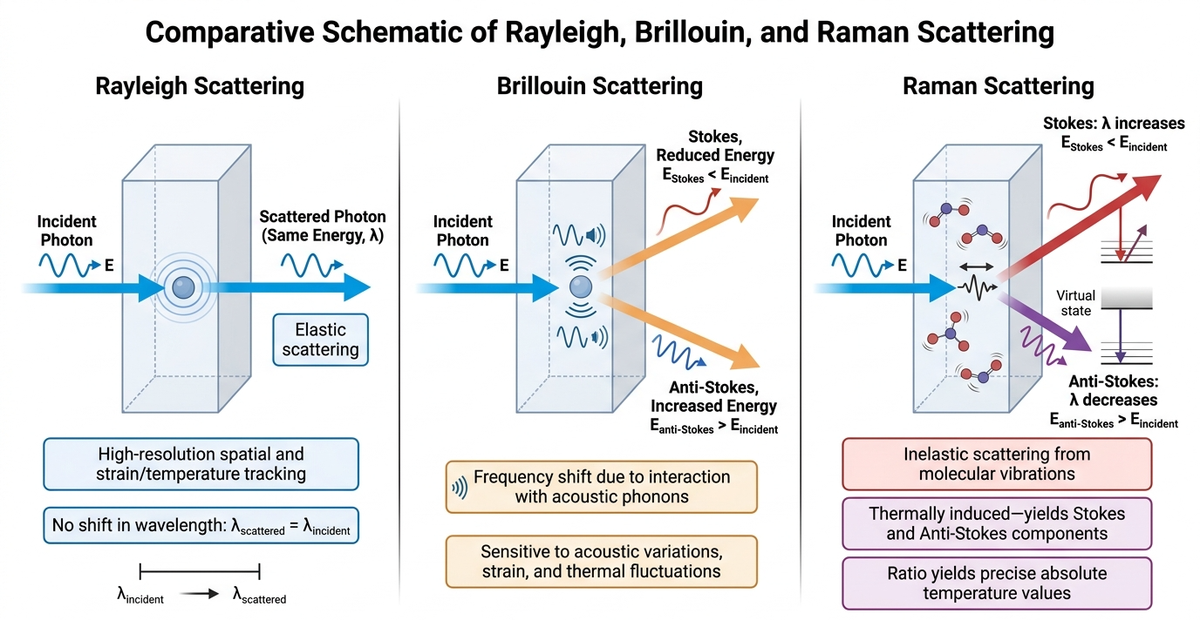 Comparative schematic of Rayleigh, Brillouin, and Raman scattering used in distributed fiber optic temperature sensing