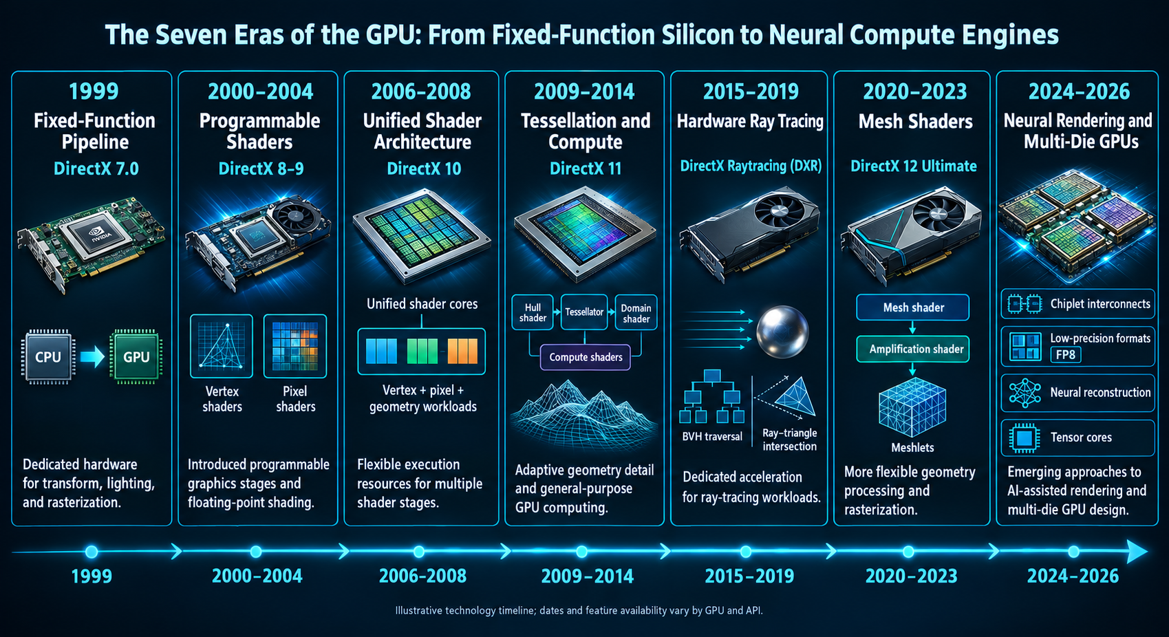 Timeline diagram detailing the seven eras of GPU development from fixed-function DirectX 7 in 1999 to neural rendering and multi-die chiplets in 2024-2026