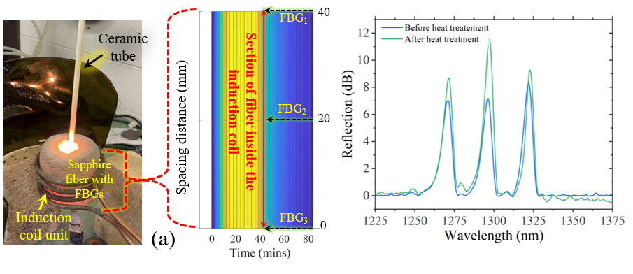 Induction coil furnace annealing a sapphire fiber with three cascaded FBGs, alongside a schematic of the fiber's spacing distance inside the coil over time, and a reflection spectrum comparing peak visibility before and after rapid heat treatment