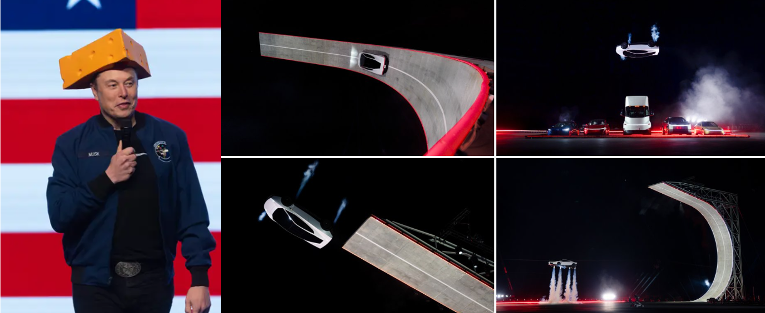 Tesla Roadster demonstration at McGregor showing inverted ramp run, mid-air barrel roll over Tesla vehicles, and cold-gas thruster stabilization